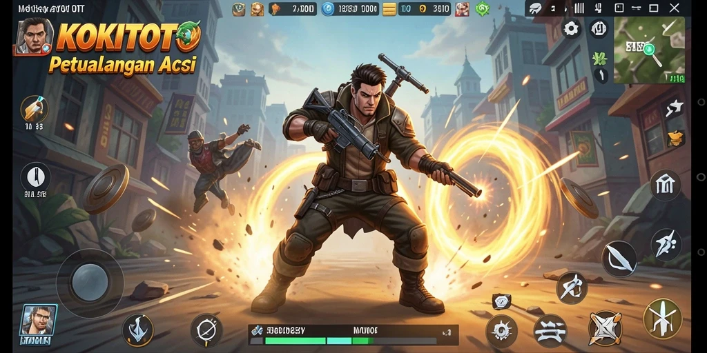 Screenshot dari gameplay KOKITOTO menampilkan adegan laga yang mendebarkan.